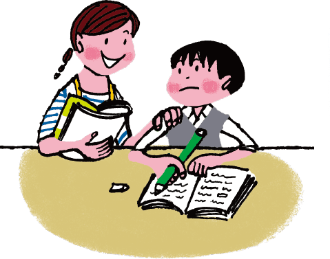 教科書の内容を話題に話をする親子イラスト
