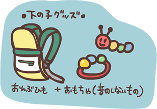 下の子グッズ　おんぶひも＋おもちゃ（音のしないもの）