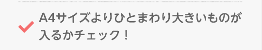 A4サイズよりひとまわり大きいものが入るかチェック!