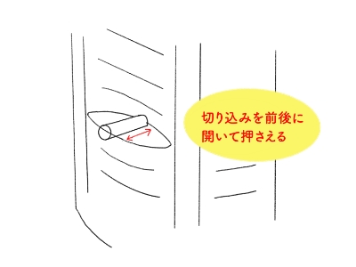 切り込みを前後に開いて押さえる