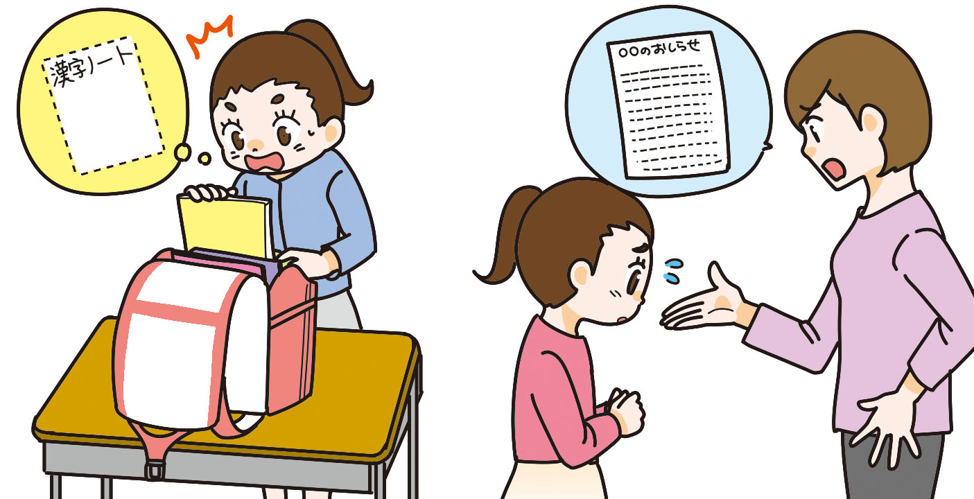 プリントを出し忘れて母親に怒られている子供と、学校で子供が提出物の期限や宿題を忘れてしまったことに気づくシーン