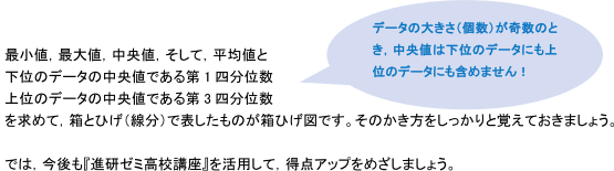 最小値、最大値、中央値、そして、平均値と下位のデータの中央値である第1四分位数、上位のデータの中央値である第3四分位数を求めて、箱とひげ(線分)で表したものが箱ひげ図です。そのかき方をしっかりと覚えておきましょう。(データの大きさ(個数)が奇数のとき、中央値は下位のデータにも上位のデータにも含めません!)では、今後も「進研ゼミ高校講座」を活用して、得点アップをめざしましょう。