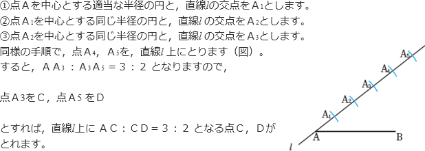 ①点Aを中心とする適当な半径の円と、直線lの交点をA1とします。②点A1を中心とする同じ半径の円と、直線lの交点をA2とします。③点A2を中心とする同じ半径の円と、直線lの交点をA3とします。同様の手順で、点A4、A5を、直線l上にとります。すると、AA3:A3A5=3:2となりますので、点A3をC、点A5をDとすれば、直線l上にAC:CD=3:2となる点C、Dがとれます。