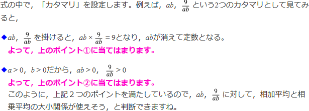 式の中で、「カタマリを設定します。例えば、ab、9/abという二つのカタマリとして見てみると、ab、9/abをかけると、ab×9/ab＝9となり、abが消えて定数となる。よって、上のポイント①に当てはまります。a＞0、b＞0だから、ab＞0、9/ab＞0　よって、よって、上のポイント②に当てはまります。このように、上記2つのポイントを満たしているので、ab、9/abに対して、相加平均と相乗平均の大小関係が使えそう、と判断できますね。」