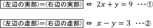 （左辺の実部）＝（右辺の実部）⇔2x+y=9…①　（左辺の虚部）=（右辺の虚部）⇔x-y=3･･･②）