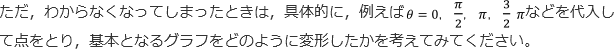 ただ，わからなくなってしまったときは，具体的に，例えばθ=0,π/2,π,3/2πなどを代入して点をとり，基本となるグラフをどのように変形したかを考えてみてください。 