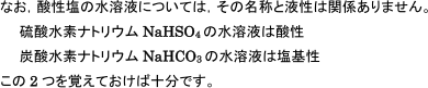 なお、酸性塩の水溶液については、その名称と液性は関係ありません。